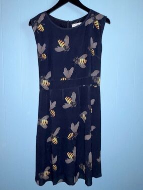 Navy Blue Bee Print A-Line Dress